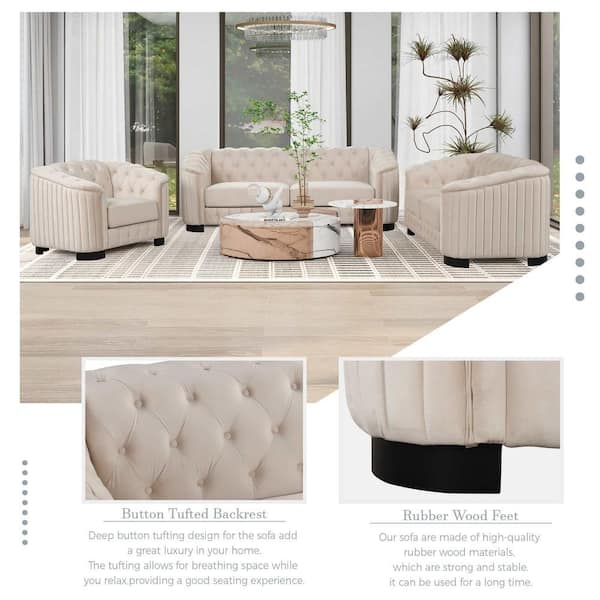41.5 in. Square Arm Velvet Rectangle Sofa with Thick Removable Seat Cushion in Beige