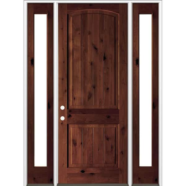 60 in. x 96 in Knotty Alder Arch Top Right-Hand/Inswing Clear Glass BEHR Red Mahogany Stain Wood Prehung Front Door DFSL