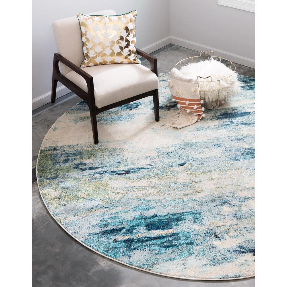 Theia Light Blue Abstract 8' Round Synthetic Area Rug