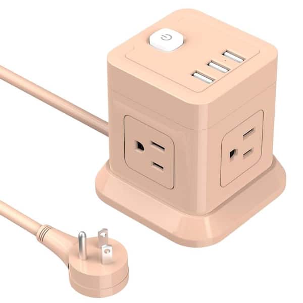 Etokfoks 5 ft. 16/3 Light Duty Indoor/Outdoor Power Strip Extension Cord with 4 Outlets and 3 USB Ports in Pink
