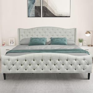 ALDA Beige Fabric Luxury Tufted Upholstered Metal Frame King Size Platform Bed Frame with Box Spring Not Required