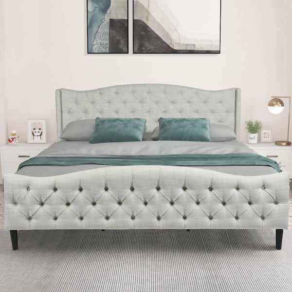 Homy Casa ALDA Beige Fabric Luxury Tufted Upholstered Metal Frame King Size Platform Bed Frame with Box Spring Not Required