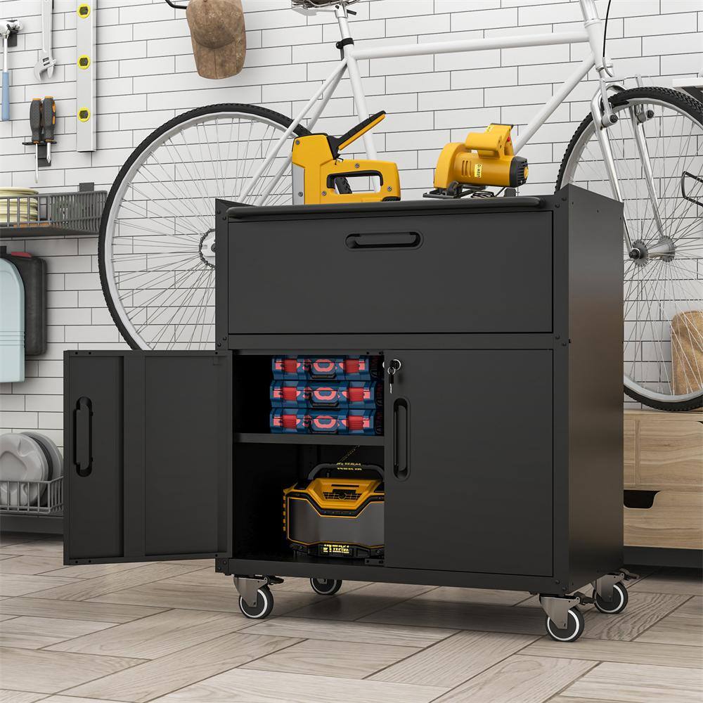 Black 35 in. H Metal Office Storage Cabinet Steel Mobile Tool Storage Cabinet with Wheels
