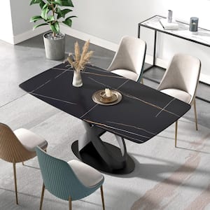 62.99 in. Modern Rectangular Black Sintered Stone Dining Table with Black Carbon Steel Legs (Seat 6)
