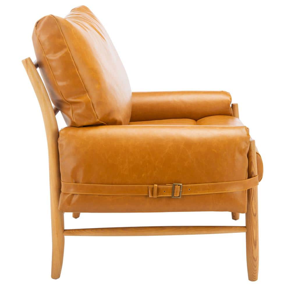 Oslo 32" Caramel Faux Leather & Natural Wood Mid-Century Accent Chair