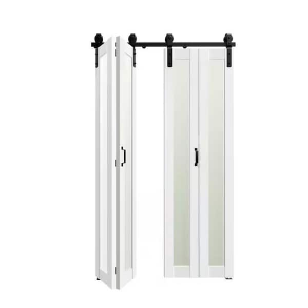 TENONER 48 in. x 84 in . (24"X 2)Bi-Fold White 1-Lite Frosted Glass MDF Solid Core Sliding Barn Door with Hardware Kits .