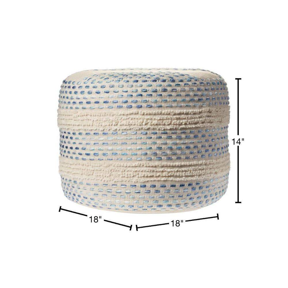 Blue and Cream Tufted Round Cotton Blend Pouf