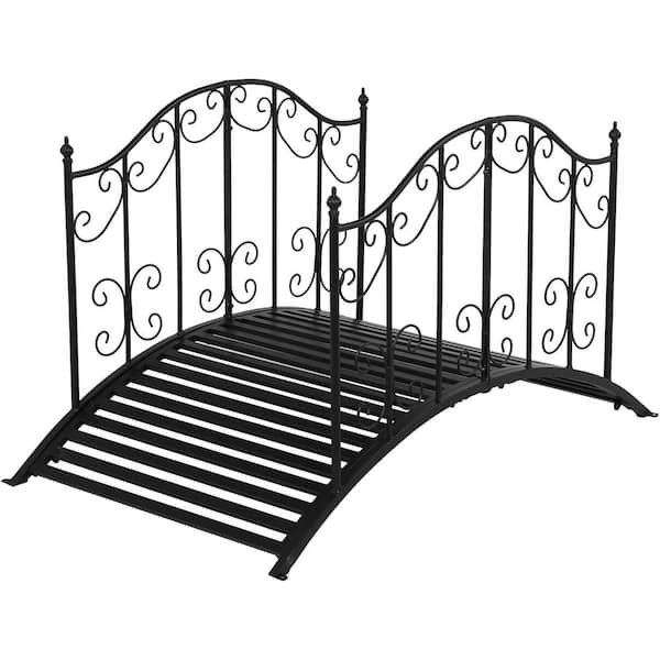 4 ft. Metal Garden Bridge with Patterned Guardrails Decorative Outdoor Black Iron