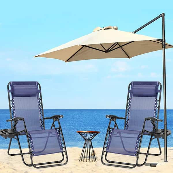 2-Piece Metal Outdoor Zero Cravity Chaise Lounge, Patio Folding Camping Lounge Chairs with Pillow and Cup Holder, Blue