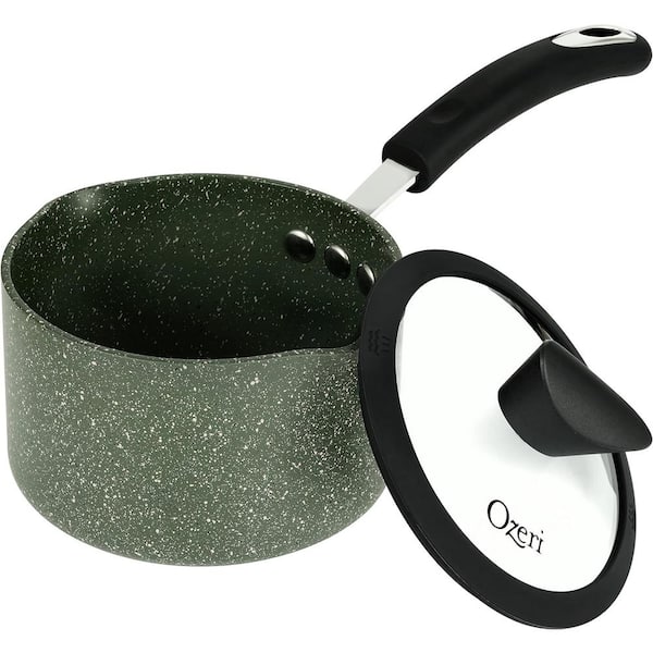1.6 qt. Stone Layered with Aluminum Core Nonstick Saucepan in Chive Green with Silicone Coated Handle and Glass Lid