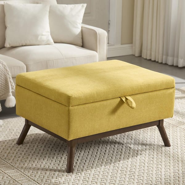 Divine Yellow 31.5 Linen Mid Century Modern Square Coffee Table Storage Ottoman