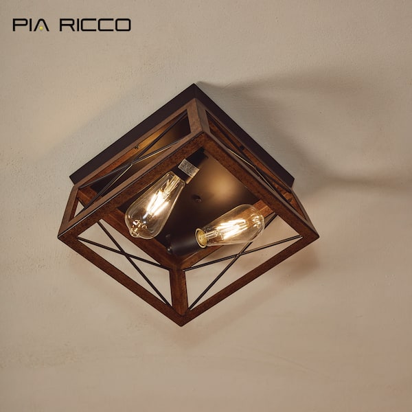 12 in. 2-Light Retro Matte Black and Barnwood Flush Mount Fixtures Farmhouse Ceiling Light (2-Pack)