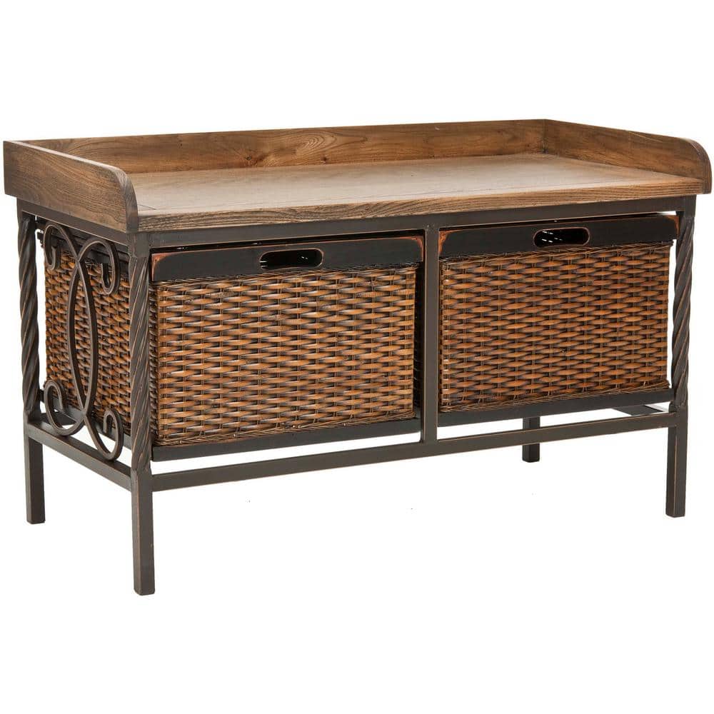 Transitional White Elm Wood Storage Bench with Antiqued Pewter Frame