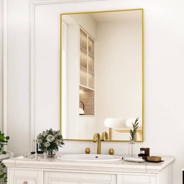 XRAMFY 24 in. W x 35.5 in. H Modern Rectangular Aluminum Framed Gold Wall Mirror