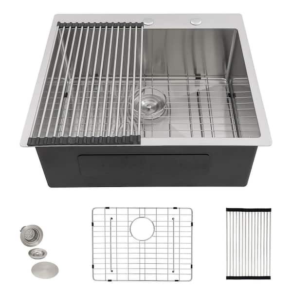 25 in. Drop-In Kitchen Sink-16 Gauge 304 Stainless Steel Single Bowl Top Mount Bar Sink RV Laundry Utility Room Basin