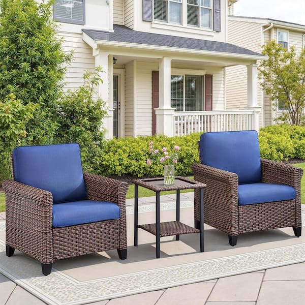 Nyajiah 3-Piece Wicker Patio Conversation Set with Blue Cushions