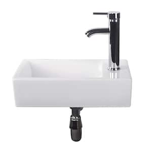 White Rectangle Bathroom Ceramic Vessel Sink Bowl Wall Mounted in Chrome Faucet