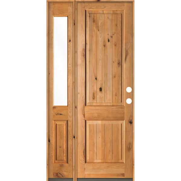 Krosswood Doors Rustic Knotty Alder 44 in. x 96 in. 2 Panel Left-Hand/Inswing Clear Glass Clear Stain Wood Prehung Front Door w/Sidelite