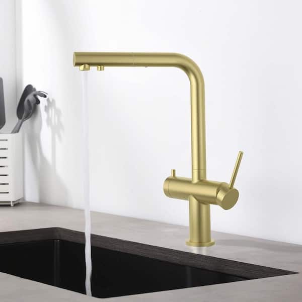 14 in. H Circular 2-in-1 Water Filter Pull Out Sprayer Kitchen Faucet with Swivel Spout in Brushed Gold