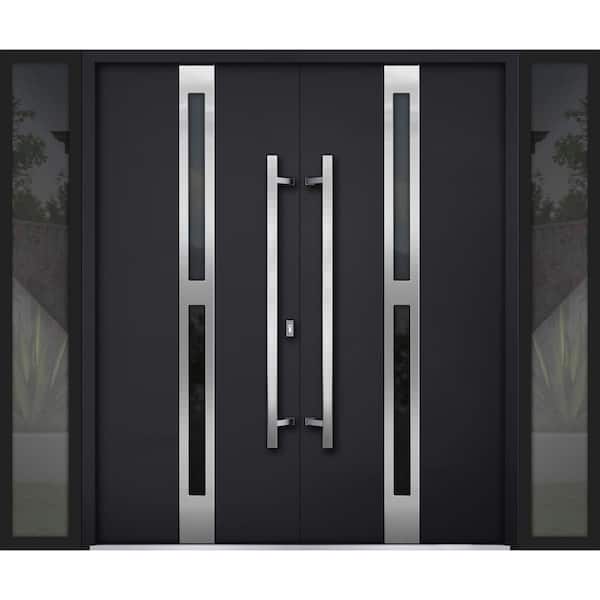 VDOMDOORS 1755 96 in. x 80 in. Left-hand/Inswing 2 Sidelites Tinted Glass Black Enamel Steel Prehung Front Door with Hardware