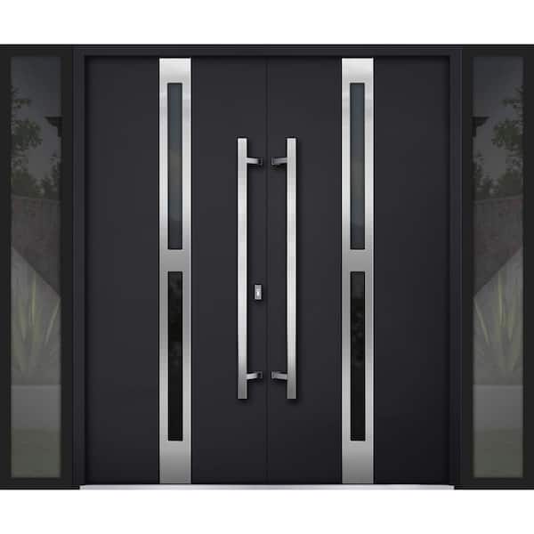 1755 100 in. x 80 in. Right-hand/Inswing 2 Sidelites Tinted Glass Black Steel Prehung Front Door with Hardware
