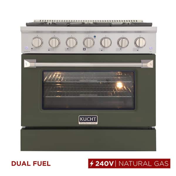 36 in. 5.2 cu. ft. 6-Burners Dual Fuel Range Natural Gas in Stainless Steel, Olive Green Oven Door with Convection Oven