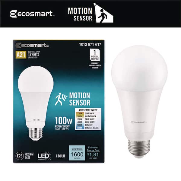 EcoSmart 100-Watt Equivalent A21 Dimmable Motion Sensor LED Light Bulb with Selectable Color Temperature (1-Pack)