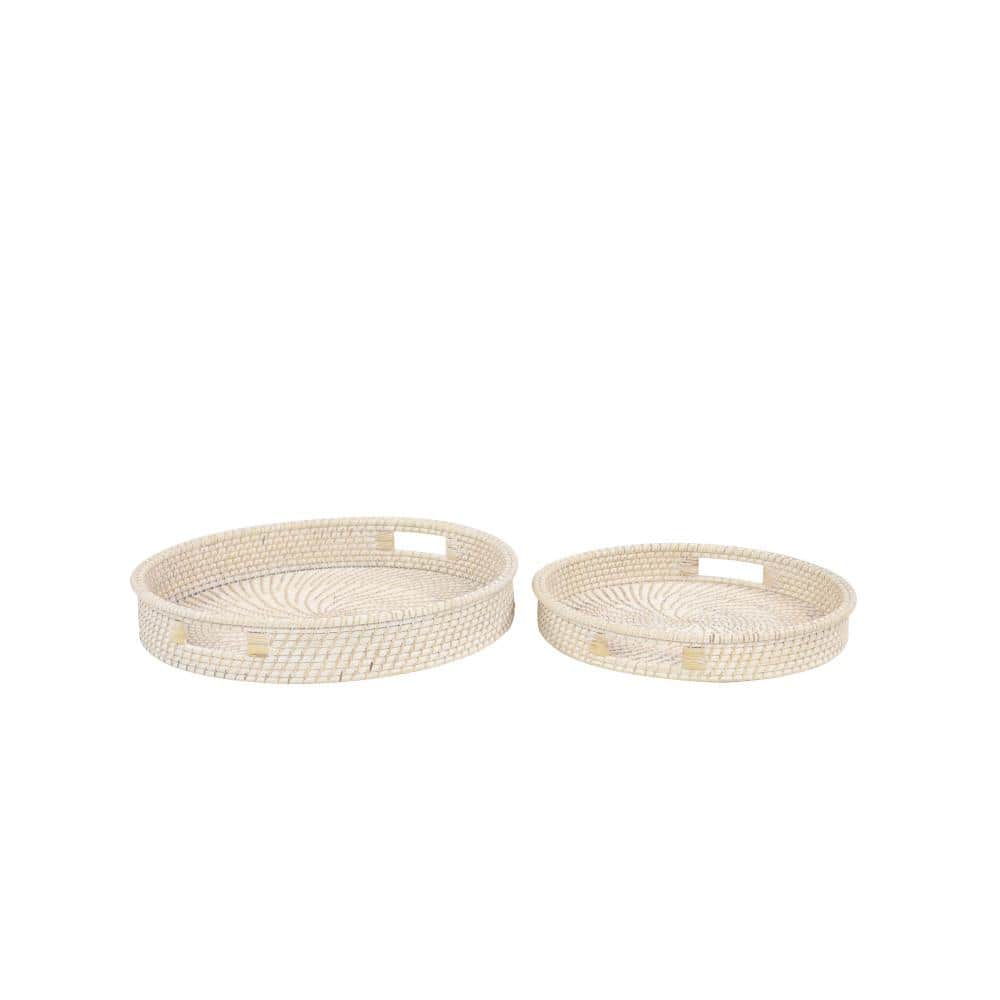 Cream Checkered Round Rattan Decorative Tray Set, 20" and 16"