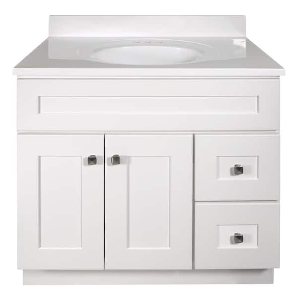 Brookings 37 in. Single Sink Freestanding White Bath Vanity with Solid White Cultured Marble Top Assembled