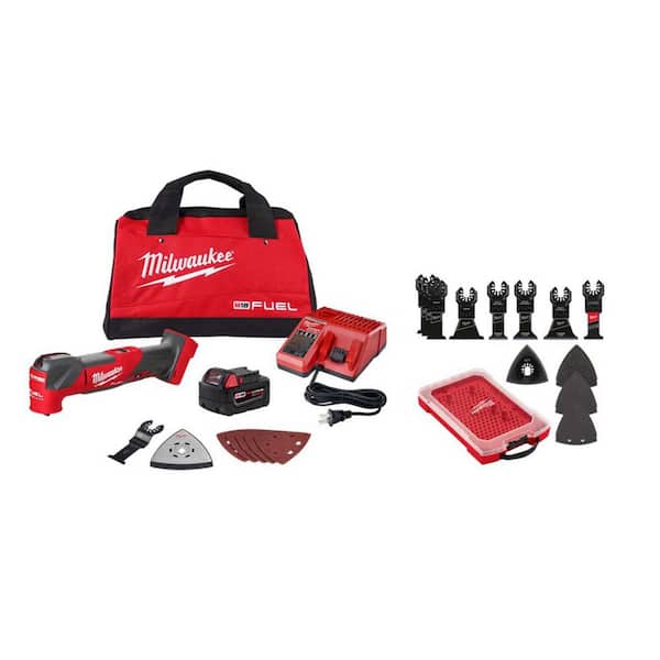 M18 FUEL 18V Brushless Oscillating Multi-Tool Kit w/ 5. 0Ah Battery, Charger, Bag with 15-Pc OMT Blade Kit