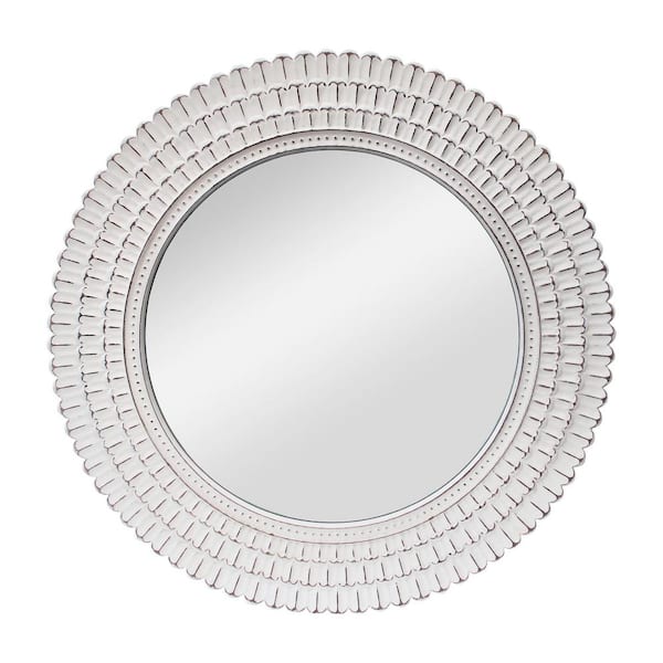 PARISLOFT 31.5 in. W x 31.5 in. H Round Framed Distressed White Wood Wall Mirror