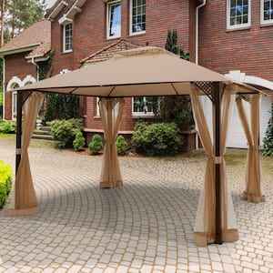 12 ft. x 10 ft. Brown Octagonal Tent Outdoor Gazebo Canopy Shelter with Mosquito Netting