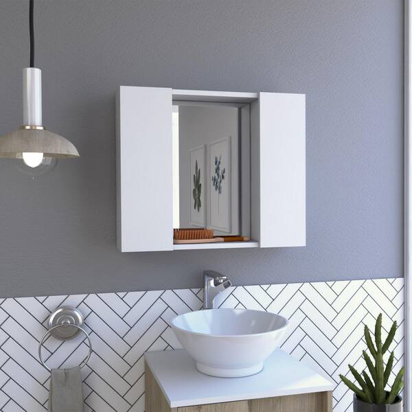 White recessed medicine store cabinet with mirror