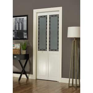 24 in. x 80 in. Design Tech Glass Decorative 1/2-Lite Over Raised Panel Pine Wood Interior Bi-fold Door