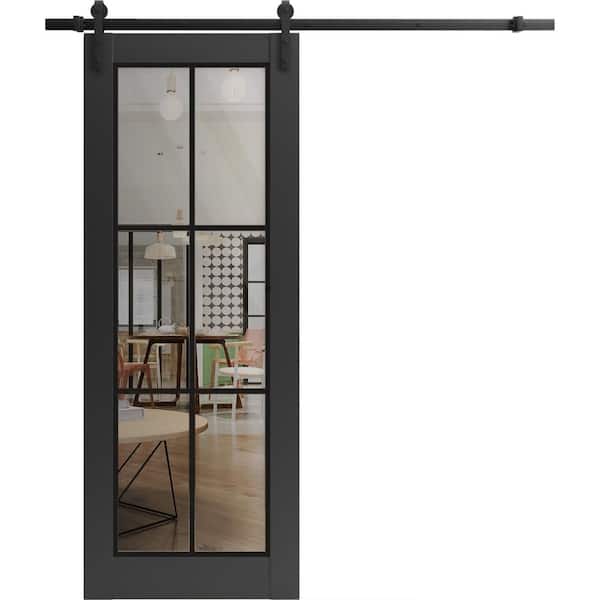 36 in. x 84 in. 1 Panel Clear Glass Black Matte Solid Wood Sliding Barn Door with Hardware Kit