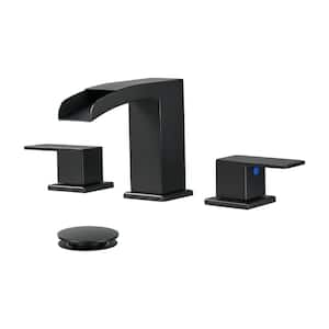 Waterfall 304-Stainless Steel 8 in. Widespread Double Handle Bathroom Faucet with Drain Kit Included in Matte Black