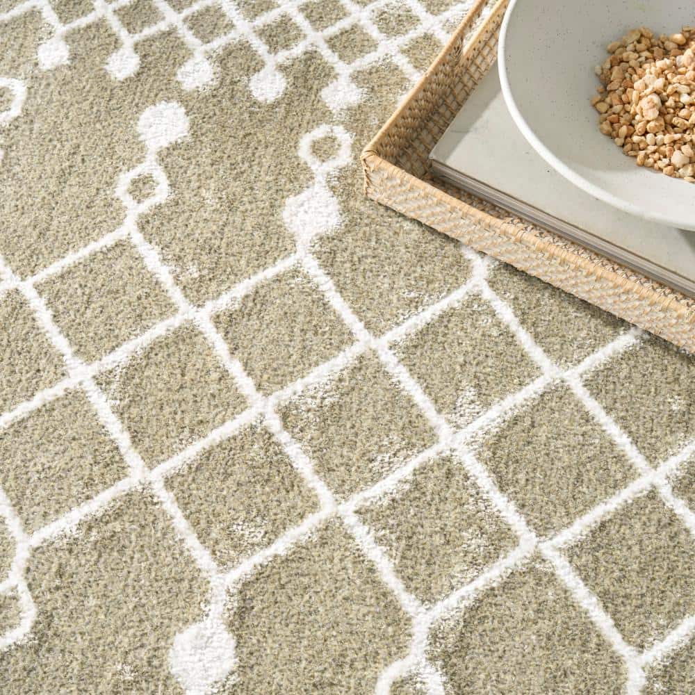 Sage Green and Ivory Synthetic Trellis 8' x 10' Washable Rug