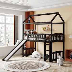 Espresso Twin Size House Loft Bed with Slide and Ladder