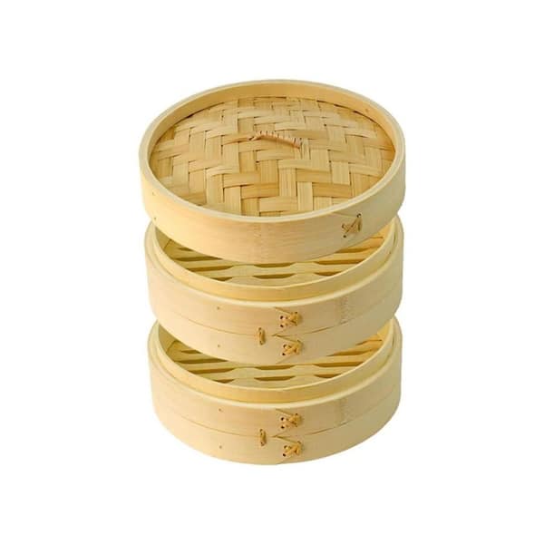 3-Piece Natural Bamboo Steamer Basket Set with Lid Easy Clean for Dumplings Vegetables Fish Meat Bao Buns