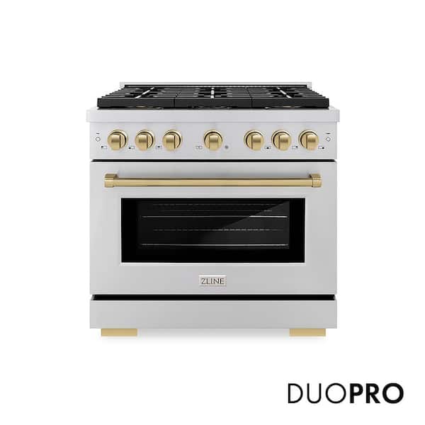 Autograph 36 in. 5.2 cu. ft. Paramount Dual Fuel Range with 6 DuoPro Burners in Stainless and Champagne Accents