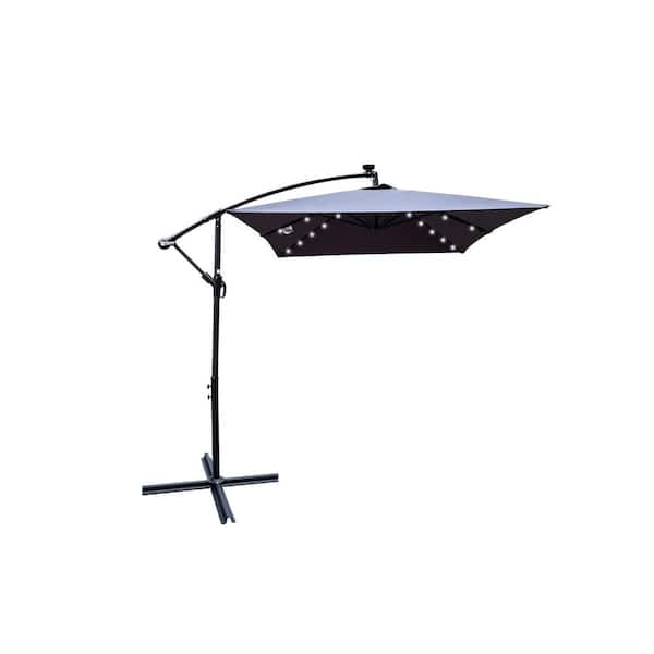 Sudzendf 10 ft. x 6.5 ft. Market Solar Powered LED Lighted Patio Umbrella in Anthracite with 8 Ribs, Crank, and Cross Base