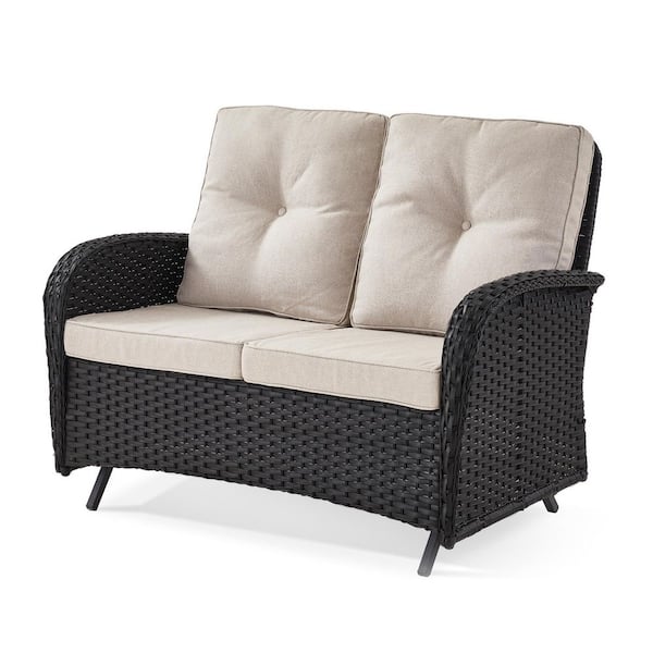 2-Person Black Wicker Patio Outdoor Glider with CushionGuard Beige Cushions