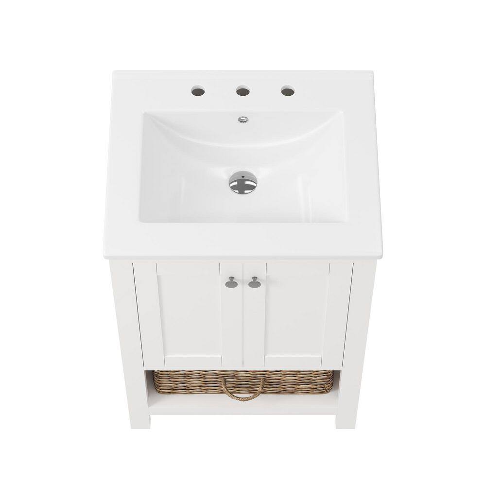24" White Freestanding Bathroom Vanity with Ceramic Top and Woven Basket
