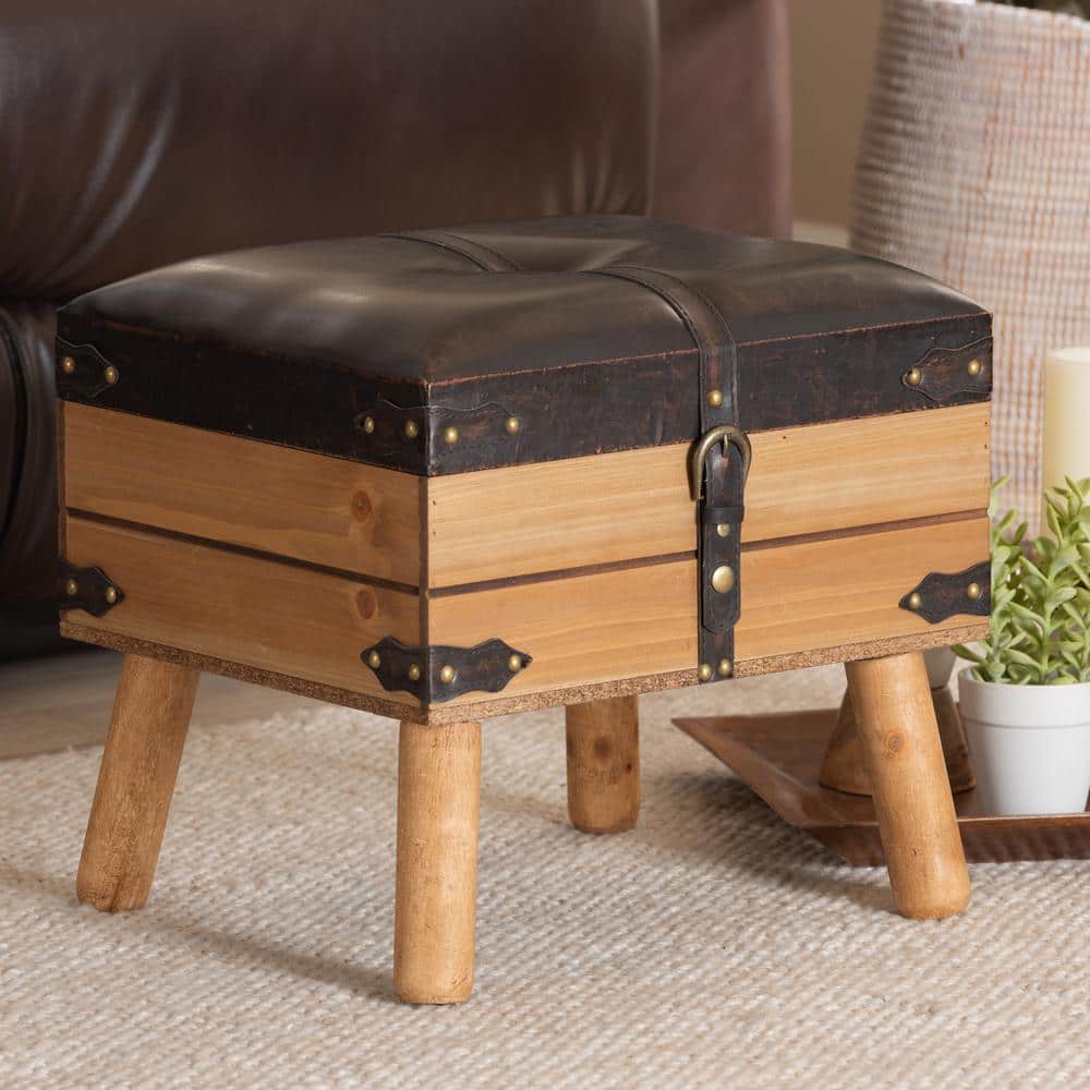 Rustic Oak and Dark Brown PU Leather Small Storage Ottoman