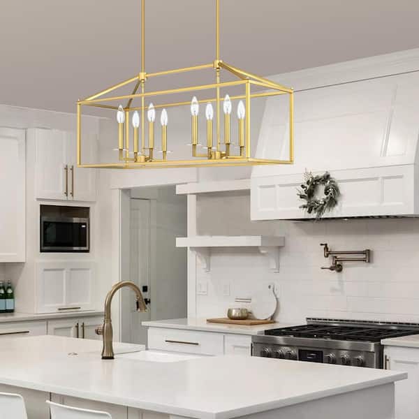 Hukoro Alfa 35 In 8 Light Modern Linear Kitchen Island Rectangle Pendant Chandelier With Soft Gold Finish F50488 Sg Hukoro Alfa 35 In 8 Light Modern, Gold Chandelier For Kitchen Island