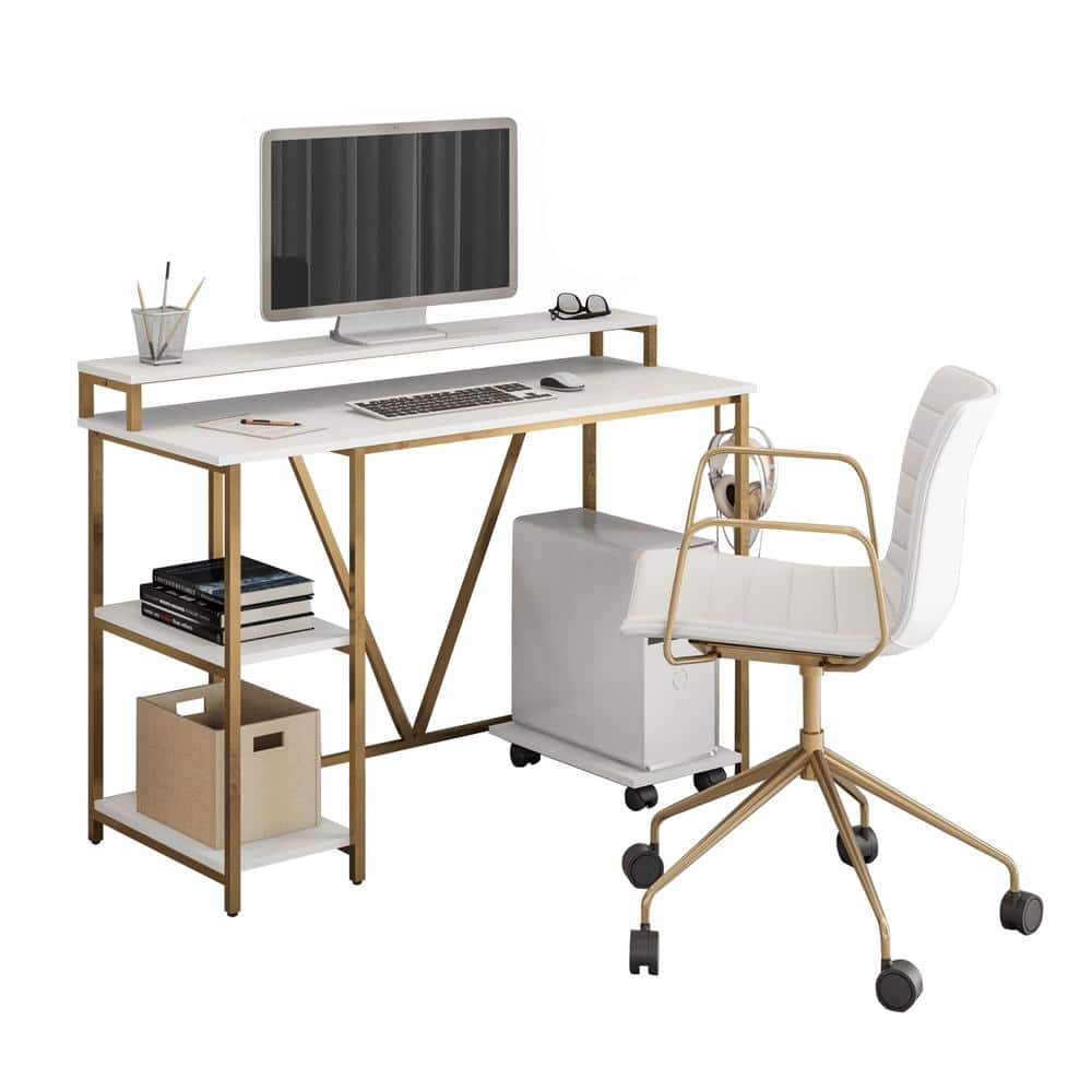 Modern Industrial Gold and Wood Writing Desk with Elevated Shelves