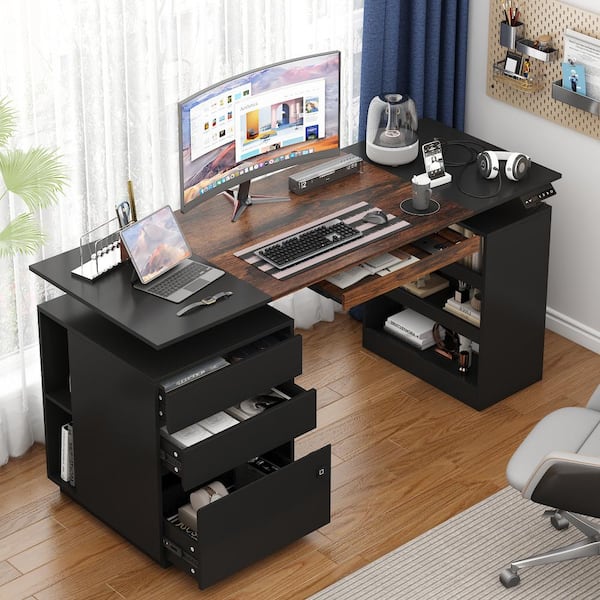 FUFU&GAGA 63 in. W U-Shaped Black Adjustable Height Desk Ergonomic
