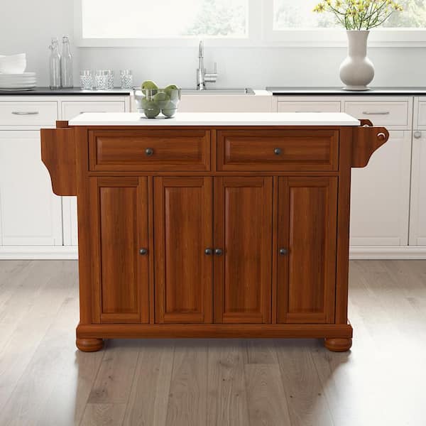 Alexandria Solid Black Granite Top Portable Kitchen Island in Classic  Cherry Finish