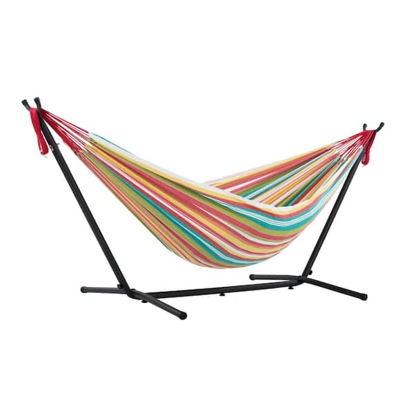 Vivere 9 ft. Black Frame Outdoor Relaxation Cotton Hammock Combo with Steel Stand and Carry Bag in Salsa