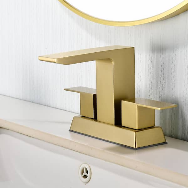 4 in. Centerset Double Handle, Square Bathroom Faucet with Drain Kit, Square Bathroom Sink Faucet in Brushed Gold